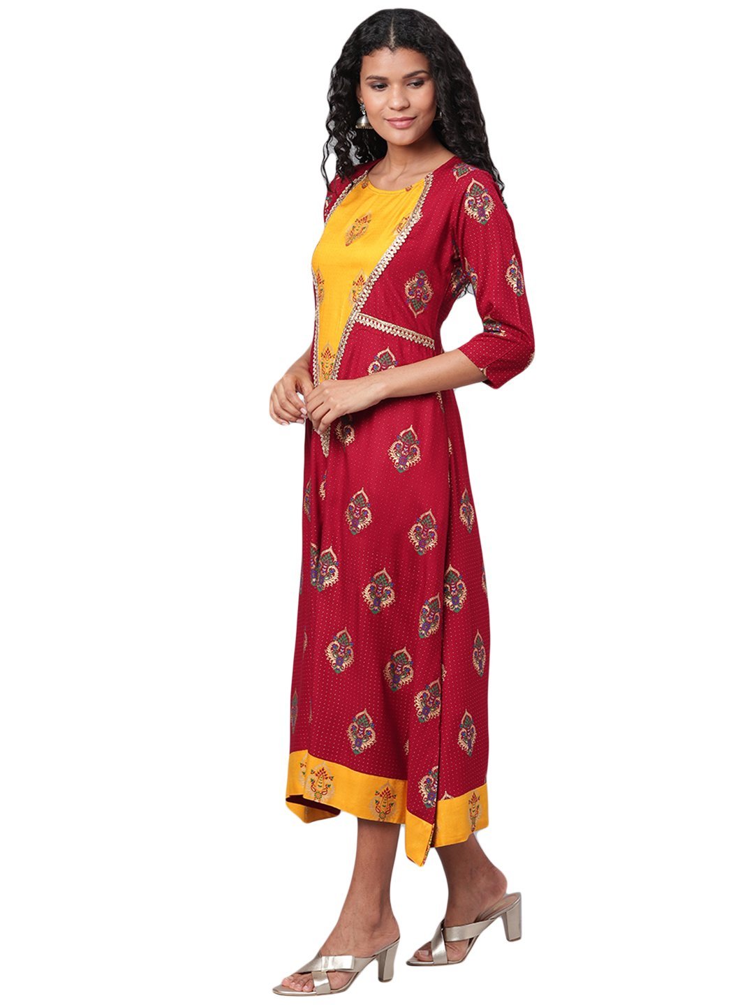 Women's Maroon Printed 3/4 Sleeve Rayon Round Neck Dress