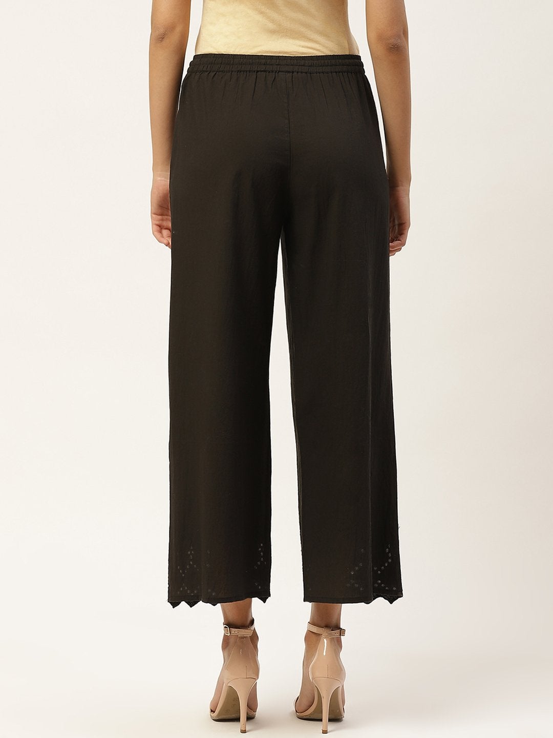 Women's Black Solid Schiffli Straight Cotton Palazzos
