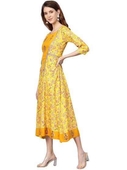 Women's Yellow Printed 3/4 Sleeve Cotton Slub Round Neck Casual Dress