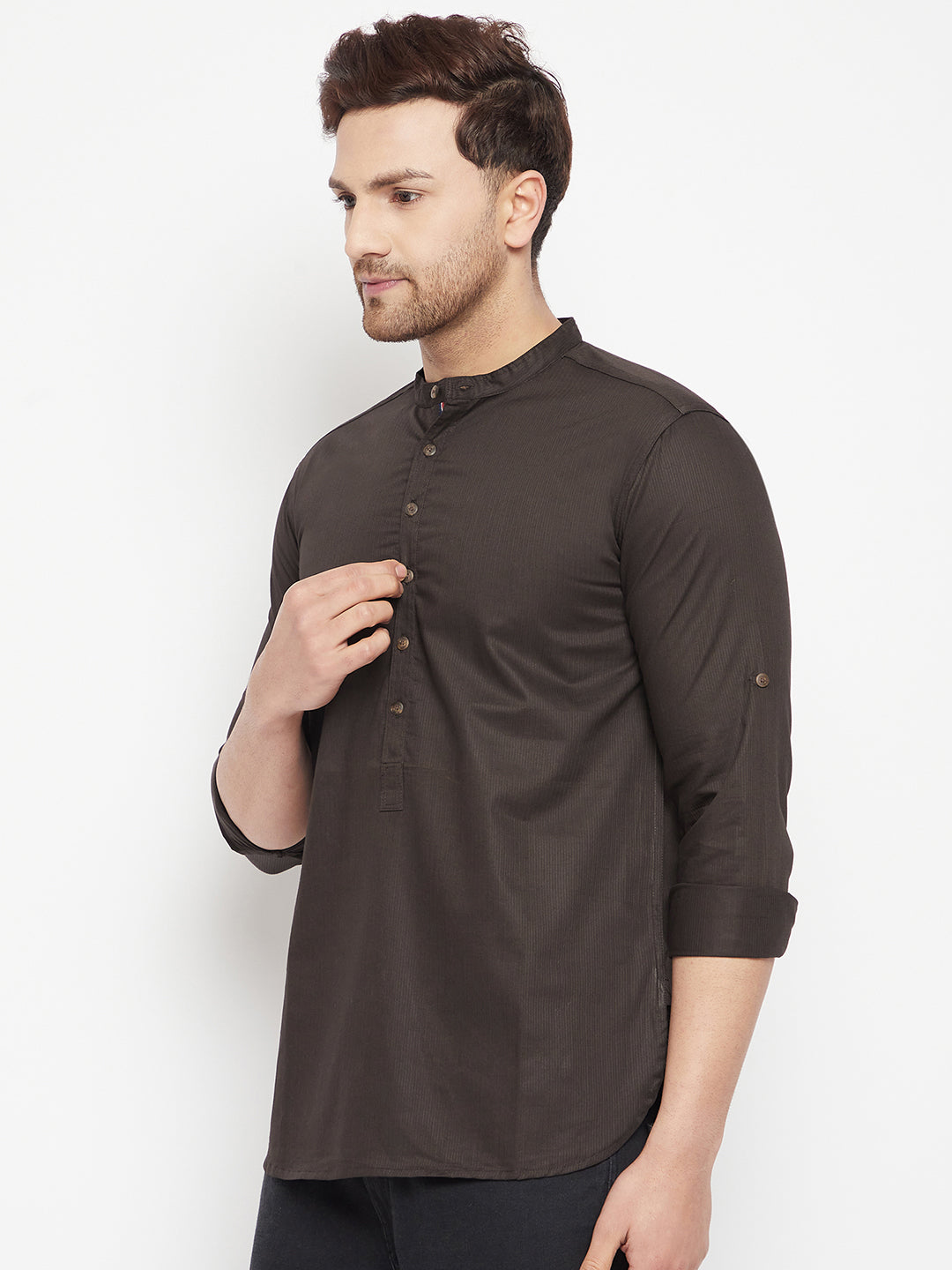 Men's Brown Color Long Kurta with Band Collar