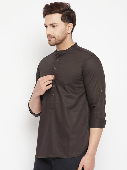 Men's Brown Color Long Kurta with Band Collar