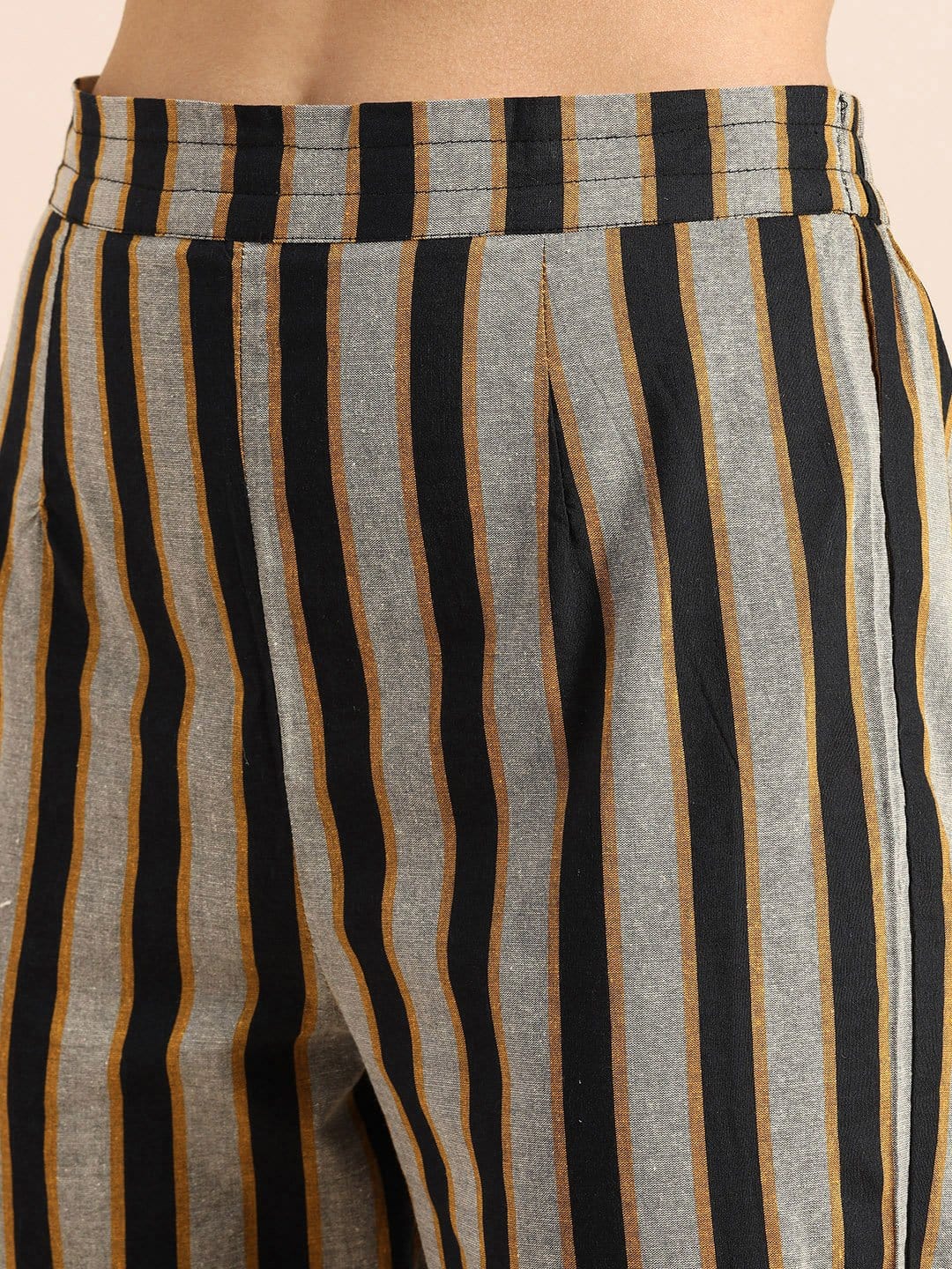 Women's KSUT Mustard And Grey Woven Stripe Kurta With Stripe Woven Trouser