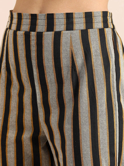 Women's KSUT Mustard And Grey Woven Stripe Kurta With Stripe Woven Trouser