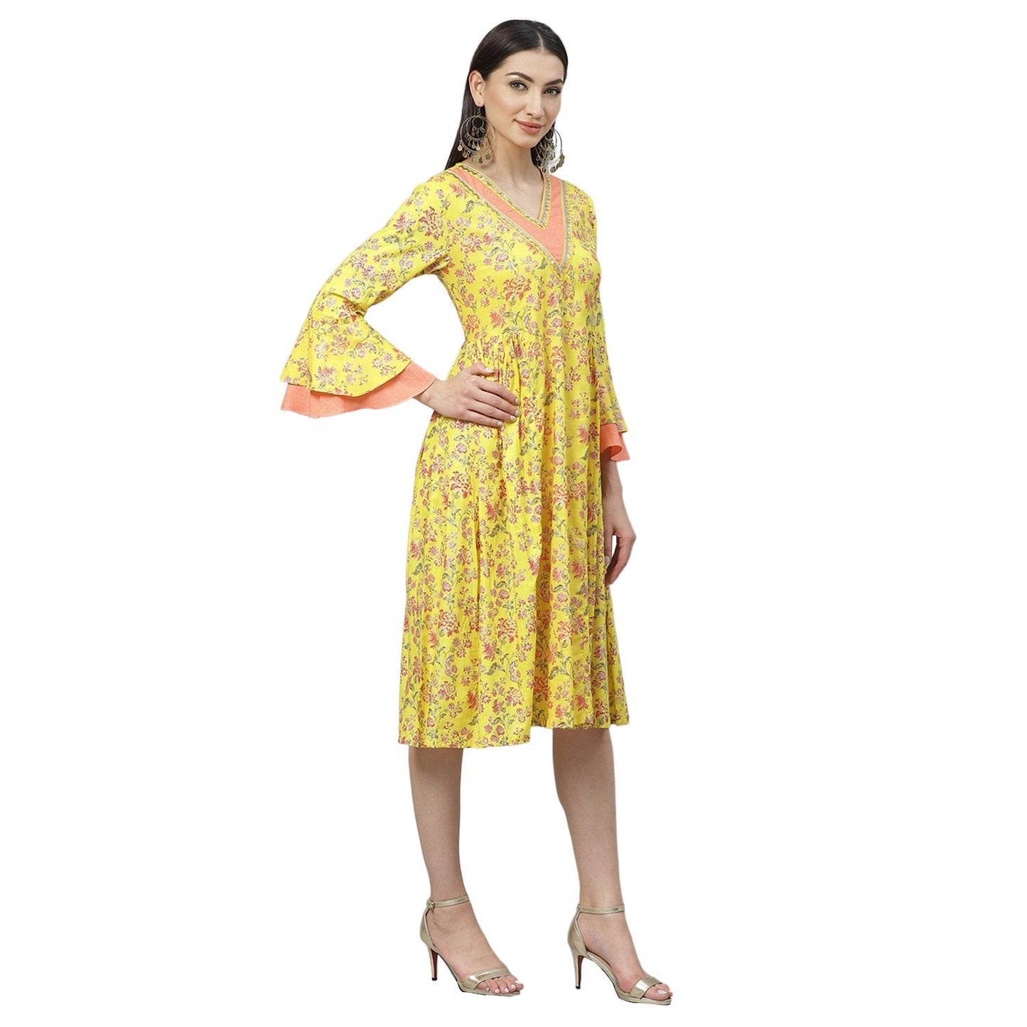 Women Yellow Cotton Printed Dress by Myshka (