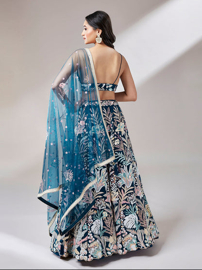 Women 's Navy blue Net Sequinse Work Ready to Wear Lehenga & stitched Blouse with Dupatta