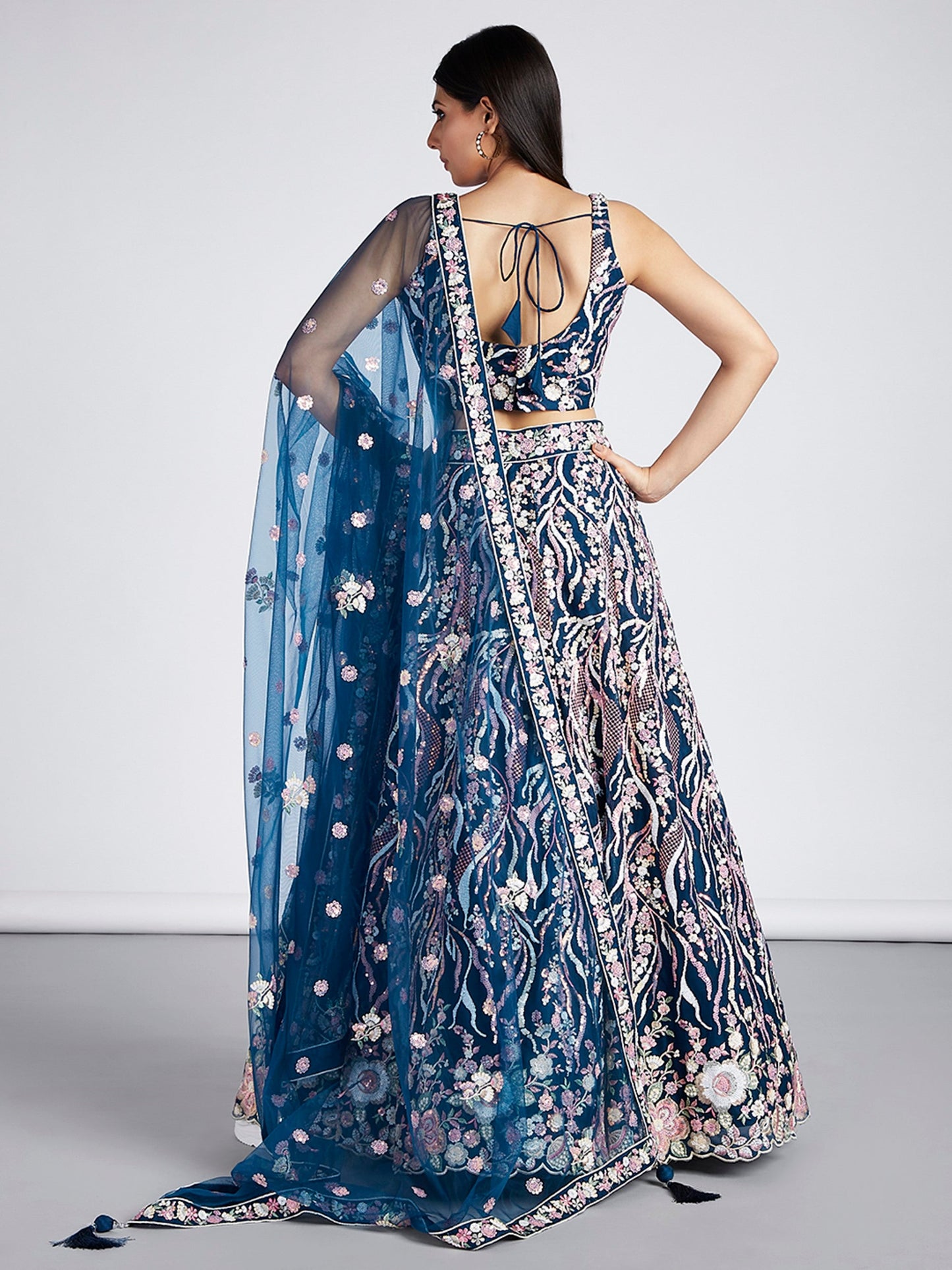 Women's Navy Blue Net Sequins And Thread Embroidery Lehenga Choli & Dupatta