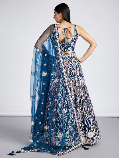 Women's Navy Blue Net Sequins And Thread Embroidery Lehenga Choli & Dupatta