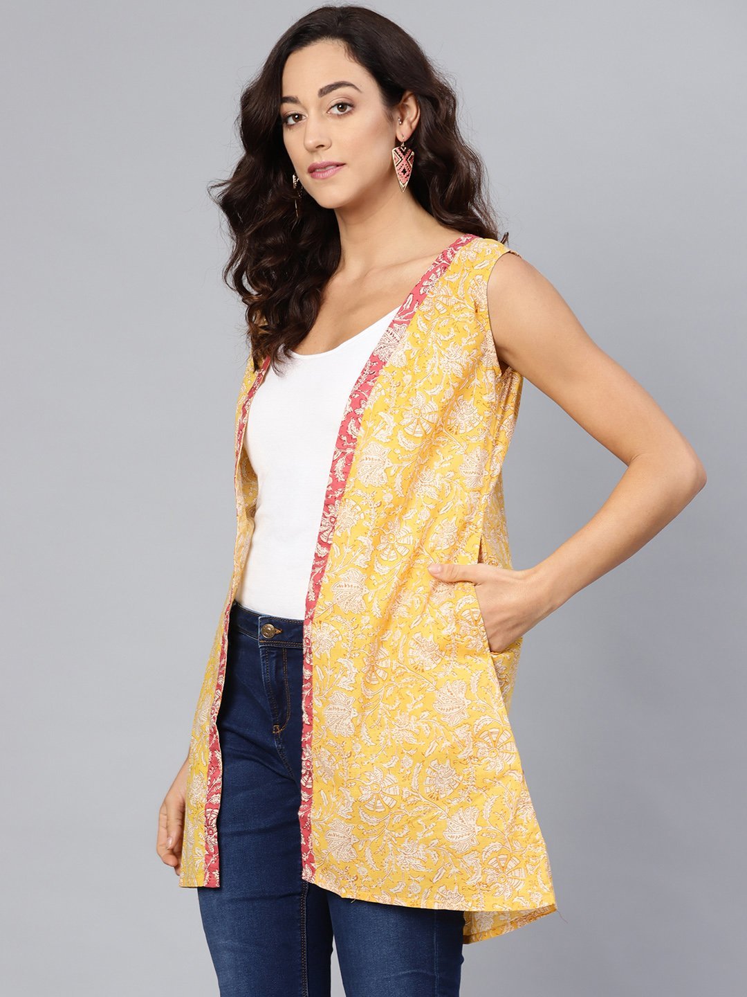 Women's Yellow Cotton Printed Sleveeless V-Neck Shurg
