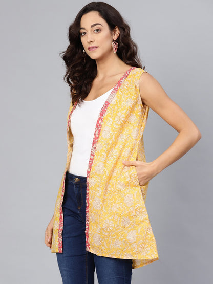 Women's Yellow Cotton Printed Sleveeless V-Neck Shurg