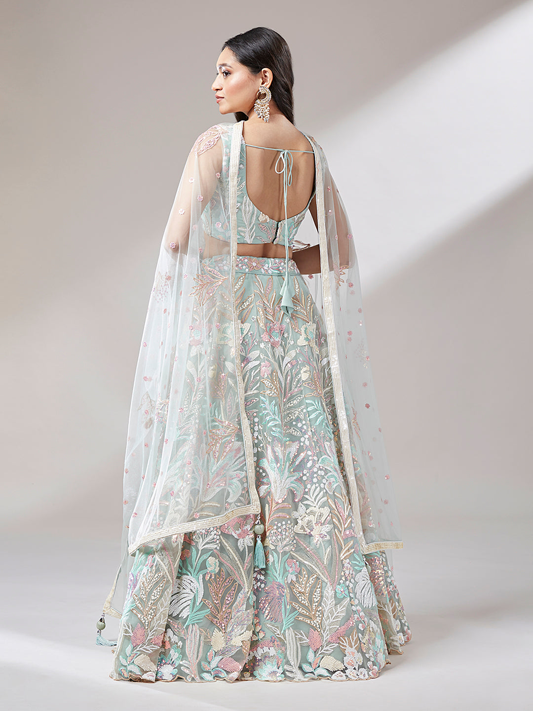 Women 's Lime Green Net Sequinse Work Ready to Wear Lehenga & stitched Blouse with Dupatta