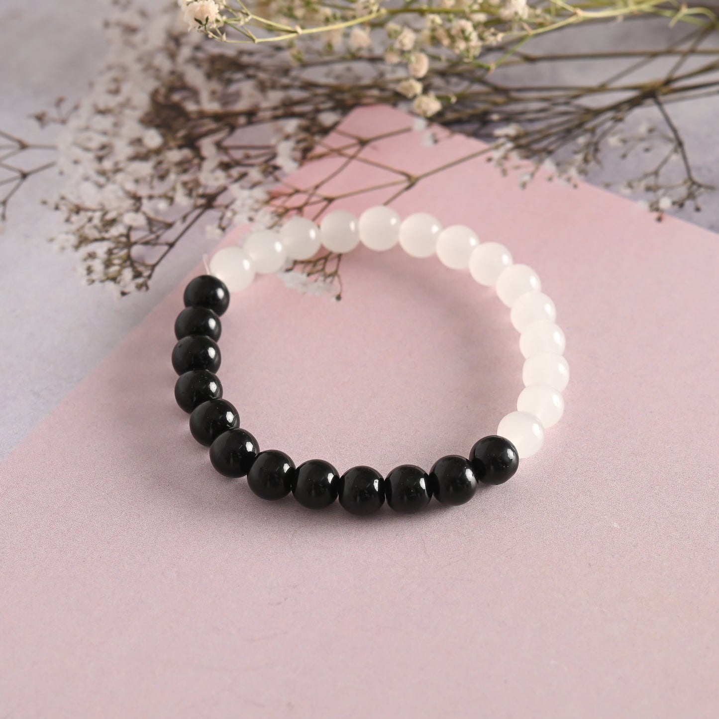 Unisex White & Black Marbel Crystal Elasticated Bracelet