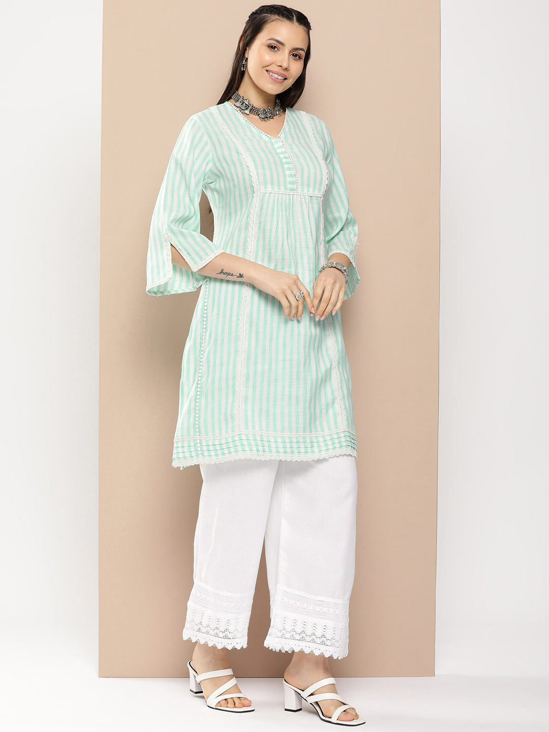 Women's Sea Green And White Striped Kurta With Lace Detailing & Off White Palazzos