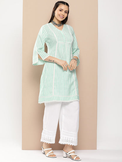 Women's Sea Green And White Striped Kurta With Lace Detailing & Off White Palazzos