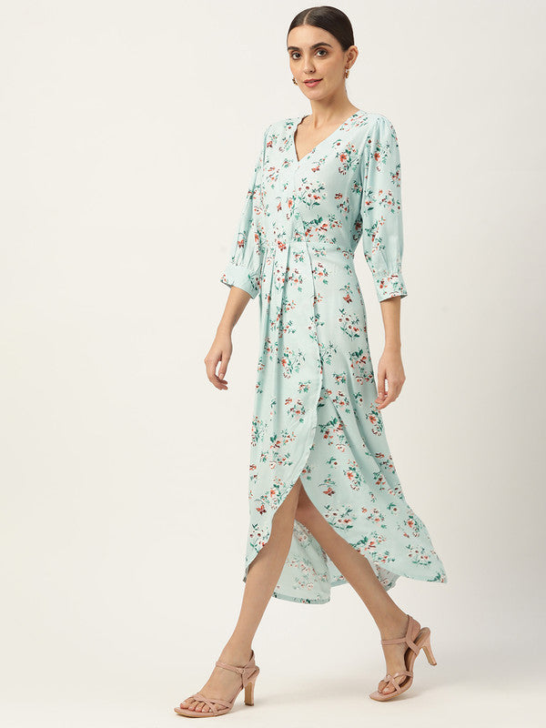 Women's Blue Red Floral Midi Dress With Belt