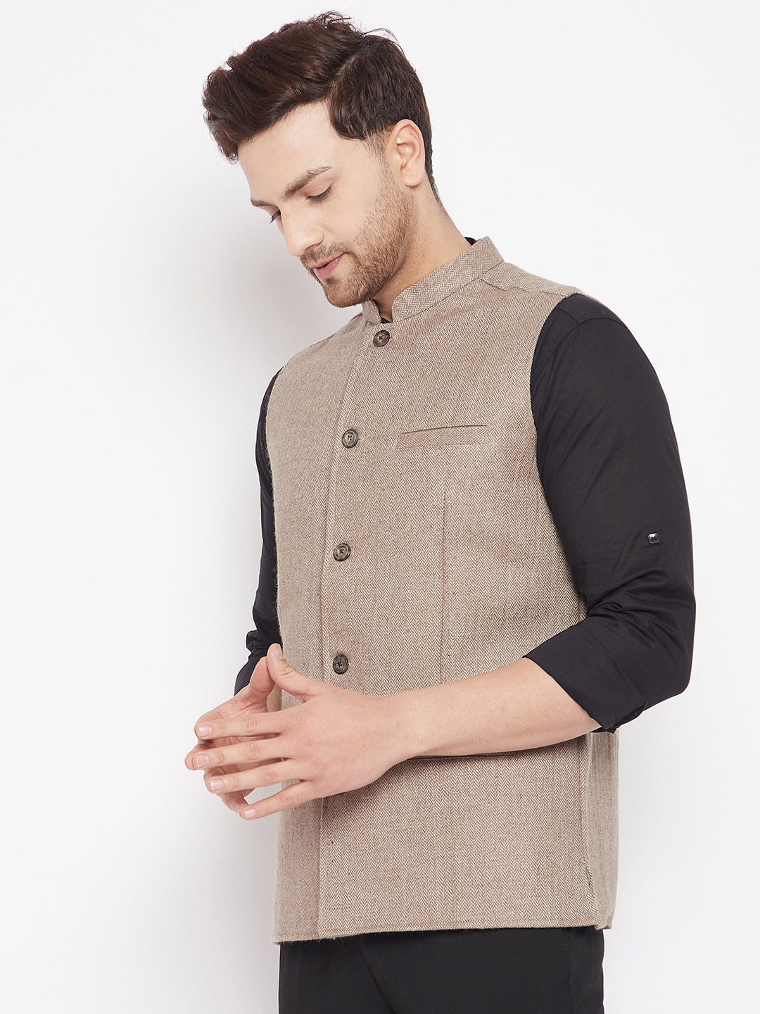 Men's Beige Color Woven Nehru Jacket