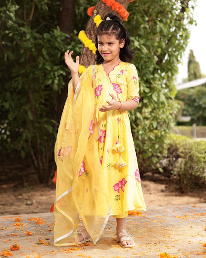 Girl's Buttercup Yellow Muslin Silk Handpainted Suit Set