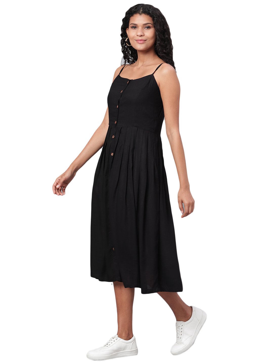 Women's Black Solid Sleeveless Cotton Streps Neck Casual Dress