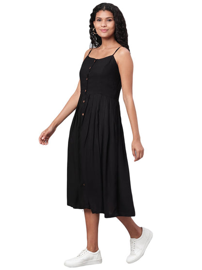 Women's Black Solid Sleeveless Cotton Streps Neck Casual Dress