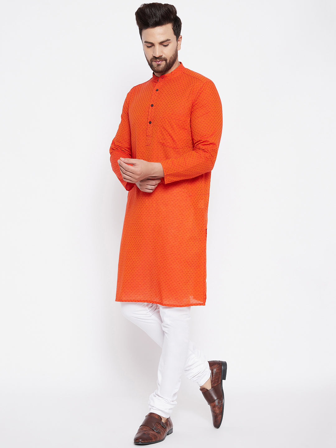 Men's Cotton Orange Straight Kurta