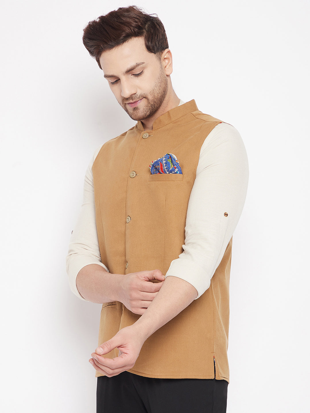 Men's Brown Color Nehru Jacket-Contrast Lining-Inbuilt Pocket Square