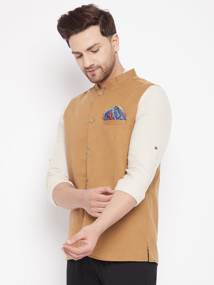 Men's Brown Color Nehru Jacket-Contrast Lining-Inbuilt Pocket Square