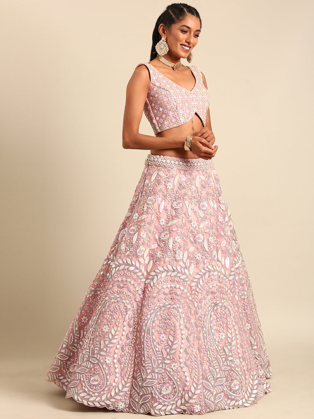 Women 's Pink Net Multi Sequins with heavy Zarkan embroidery Ready to Wear Lehenga choli & Dupatta