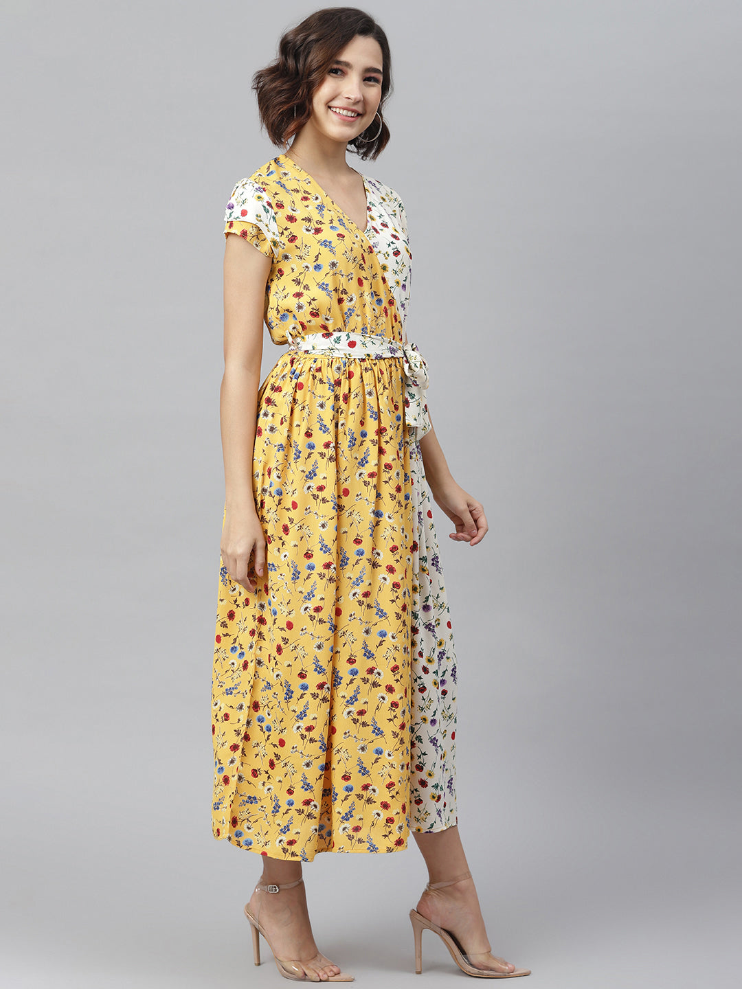 Women's Yellow & White Printed Wrap Dress with Contrast panel