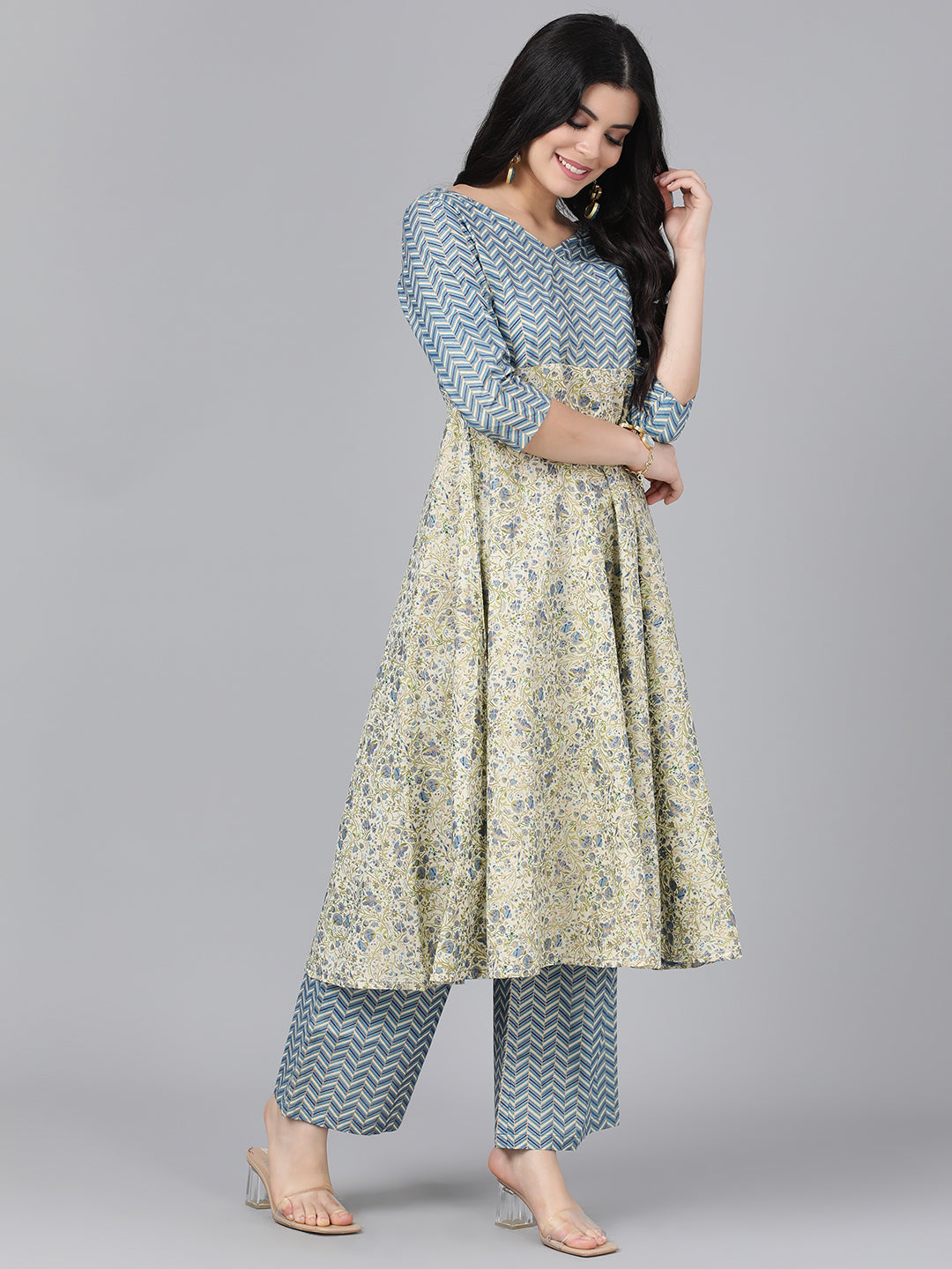 Women's Grey Printed Kurta Palazzo With Dupatta