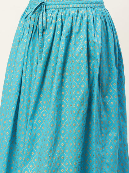 Women's Red & Blue Ethnic Motifs Hand Printed Kurta with Skirt