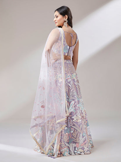 Women 's Muave Net Sequinse Work Ready to Wear Lehenga & stitched Blouse with Dupatta