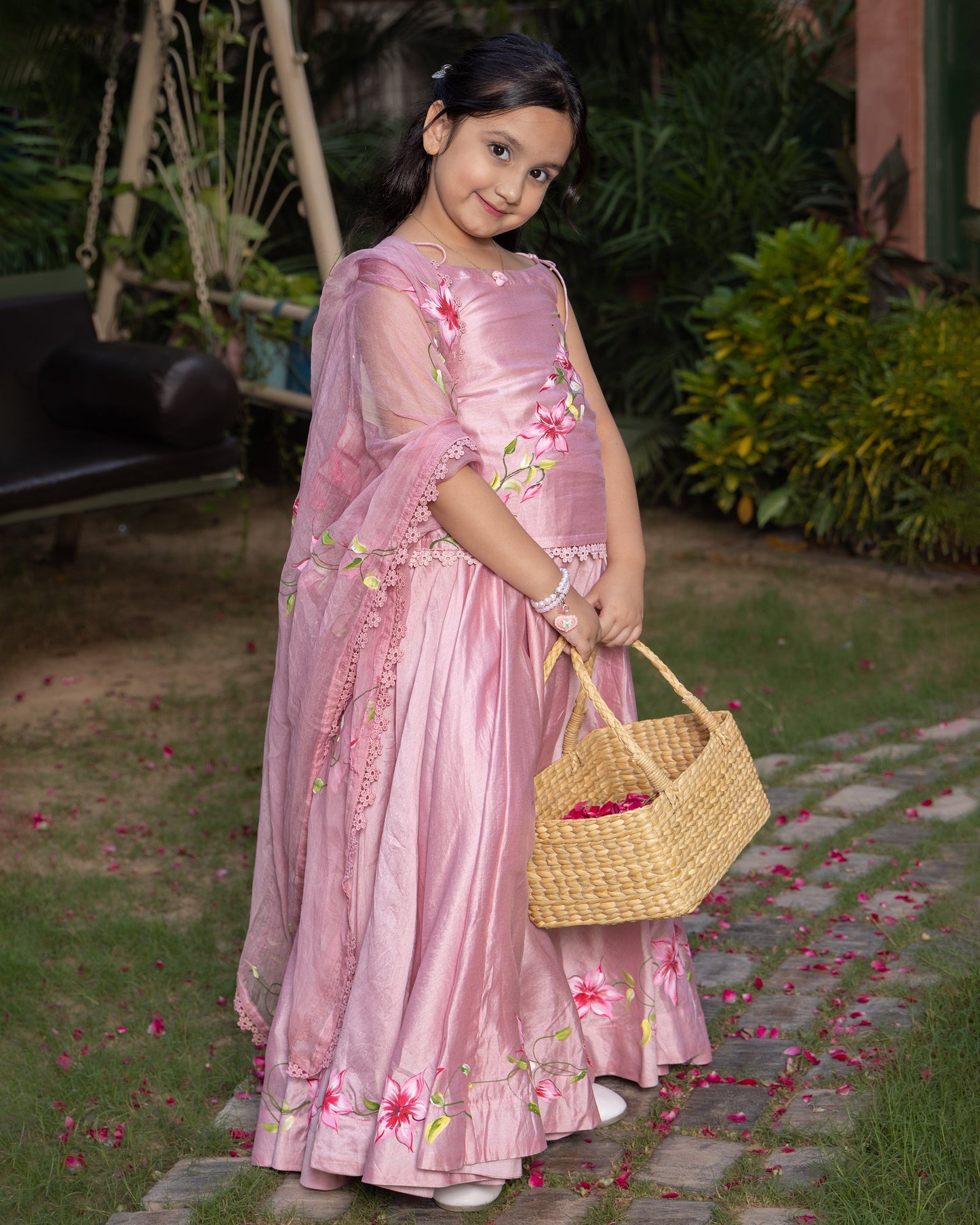 Girl's Koko Powder Pink Handpainted Chanderi Lehenga Set