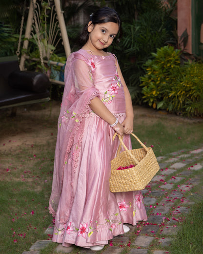 Girl's Koko Powder Pink Handpainted Chanderi Lehenga Set