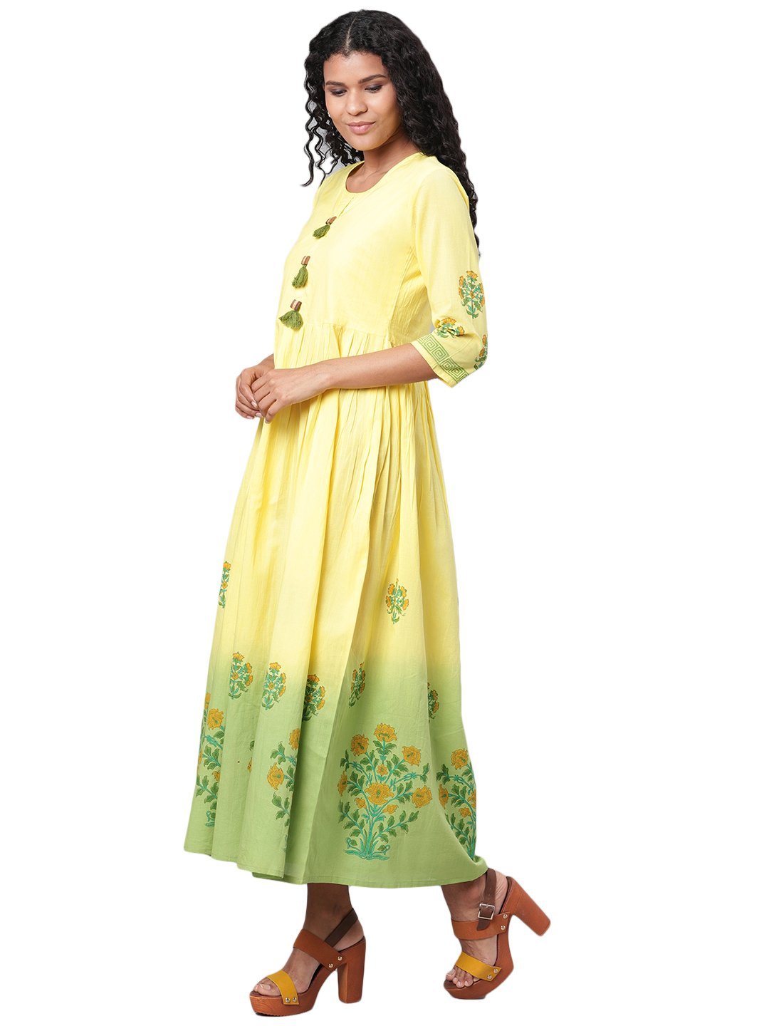 Women's Green Printed 3/4 Sleeve Cotton Round Neck Dress