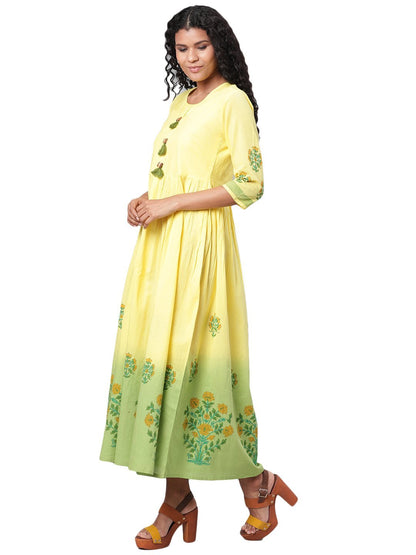 Women's Green Printed 3/4 Sleeve Cotton Round Neck Dress