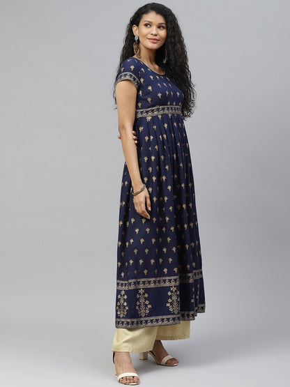 Women's Golden Print Blue Stylish Cotton Anarkali Kurta