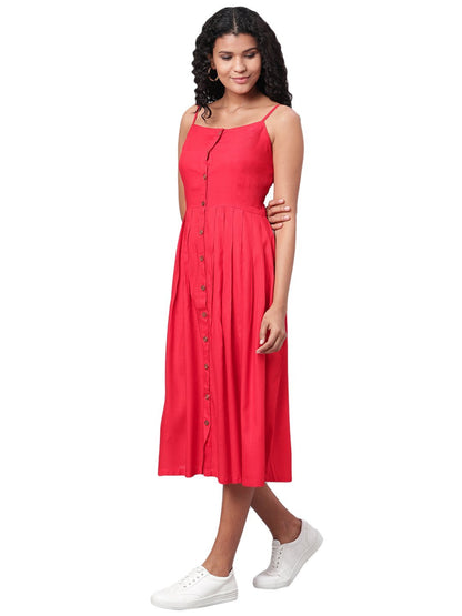 Women's Red Printed Sleeveless Cotton Slub Streps Neck Casual Dress
