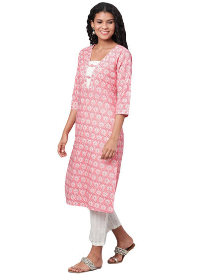 Women's Pink Printed 3/4 Sleeve Cotton Square Neck Kurta Pant & Dupatta Set