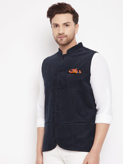 Men's Navy Color Nehru Jacket-Contrast Lining-Inbuilt Pocket Square