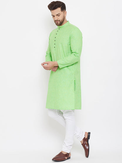 Men's Solid Green Placket Detail Cotton Kurta