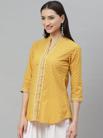Women's Mustrd Cotton Glitor Printed Printed 3/4 Sleeve Collar Casual Tunic