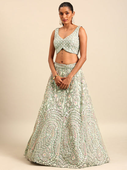 Women 's Sea green Net Multi Sequins with heavy Zarkan embroidery Ready to Wear Lehenga choli & Dupatta