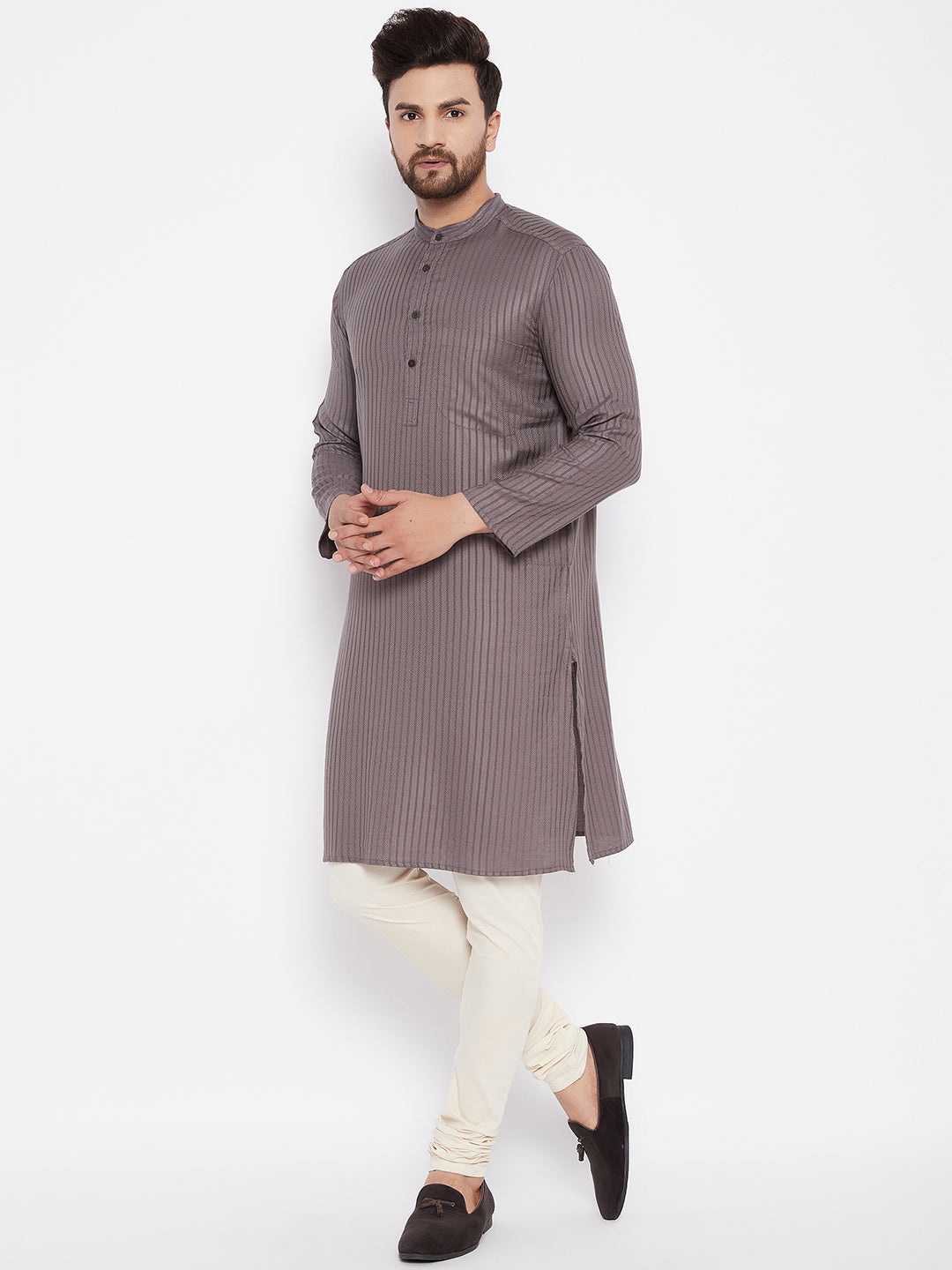 Men's Striped Straight Grey Kurta
