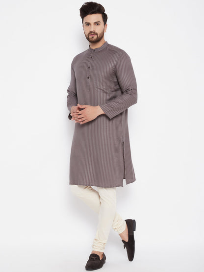 Men's Striped Straight Grey Kurta