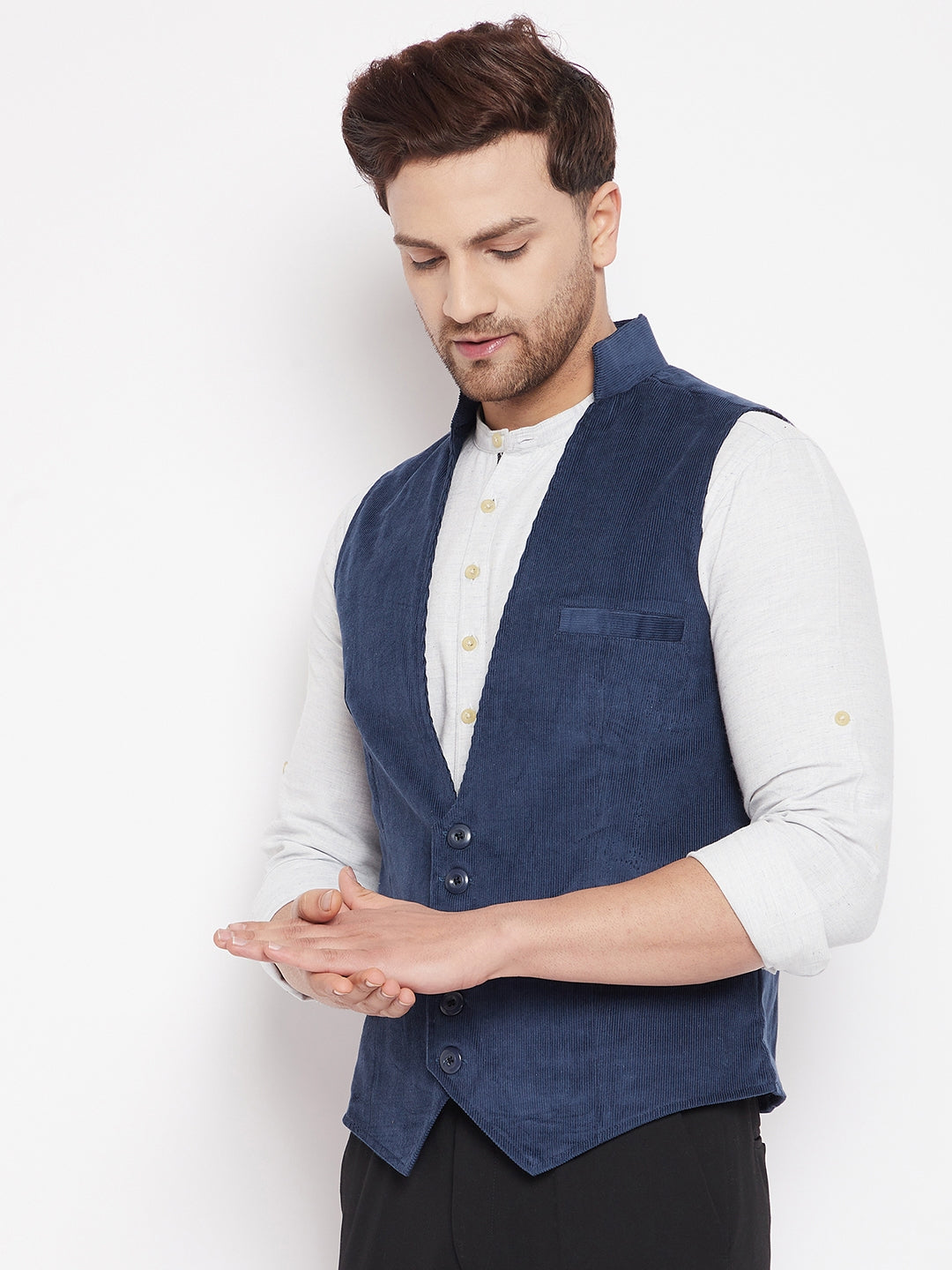 Men's Blue Color Woven Nehru Jacket