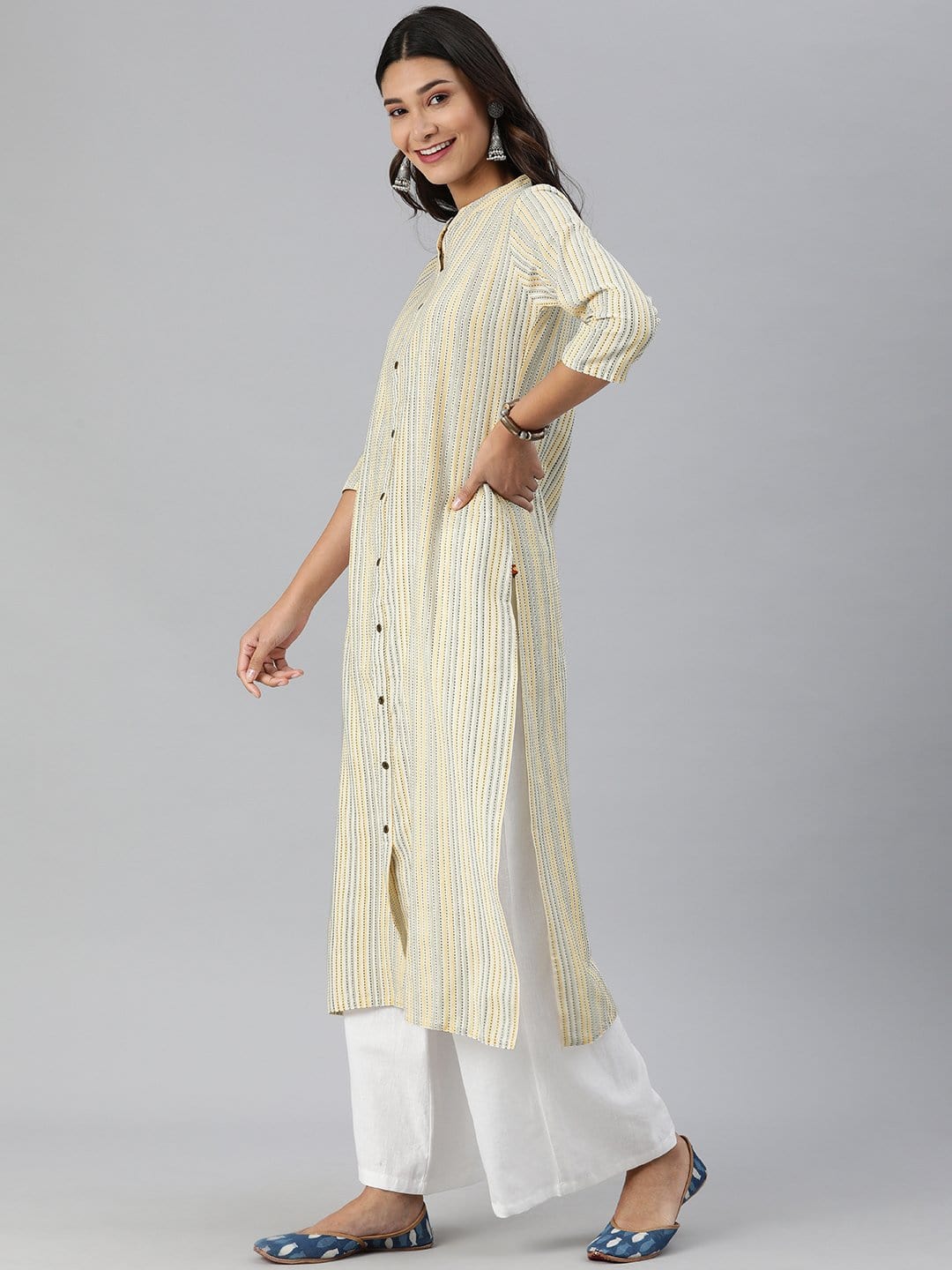 Women's KSUT Off White And Yellow Stripe Woven Kurta