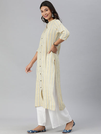 Women's KSUT Off White And Yellow Stripe Woven Kurta
