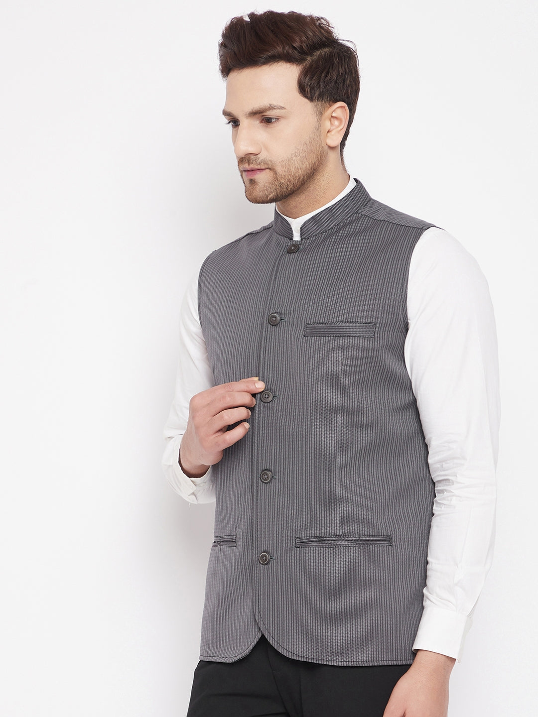 Men's Grey Color Woven Nehru Jacket