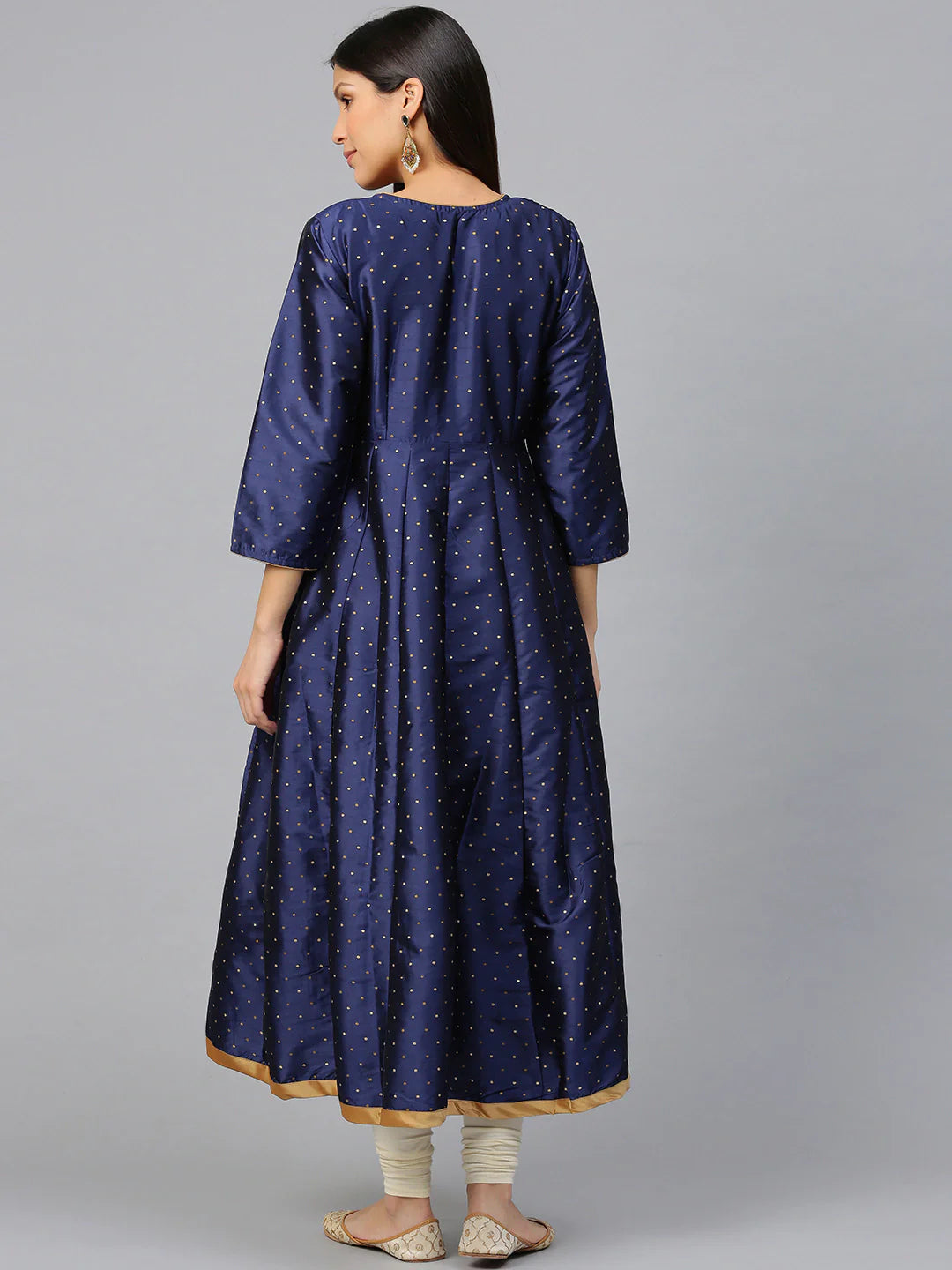 Women's Navy Blue And Golden Woven Design Anarkali Kurta,