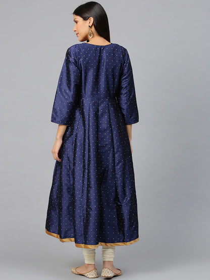 Women's Navy Blue And Golden Woven Design Anarkali Kurta,