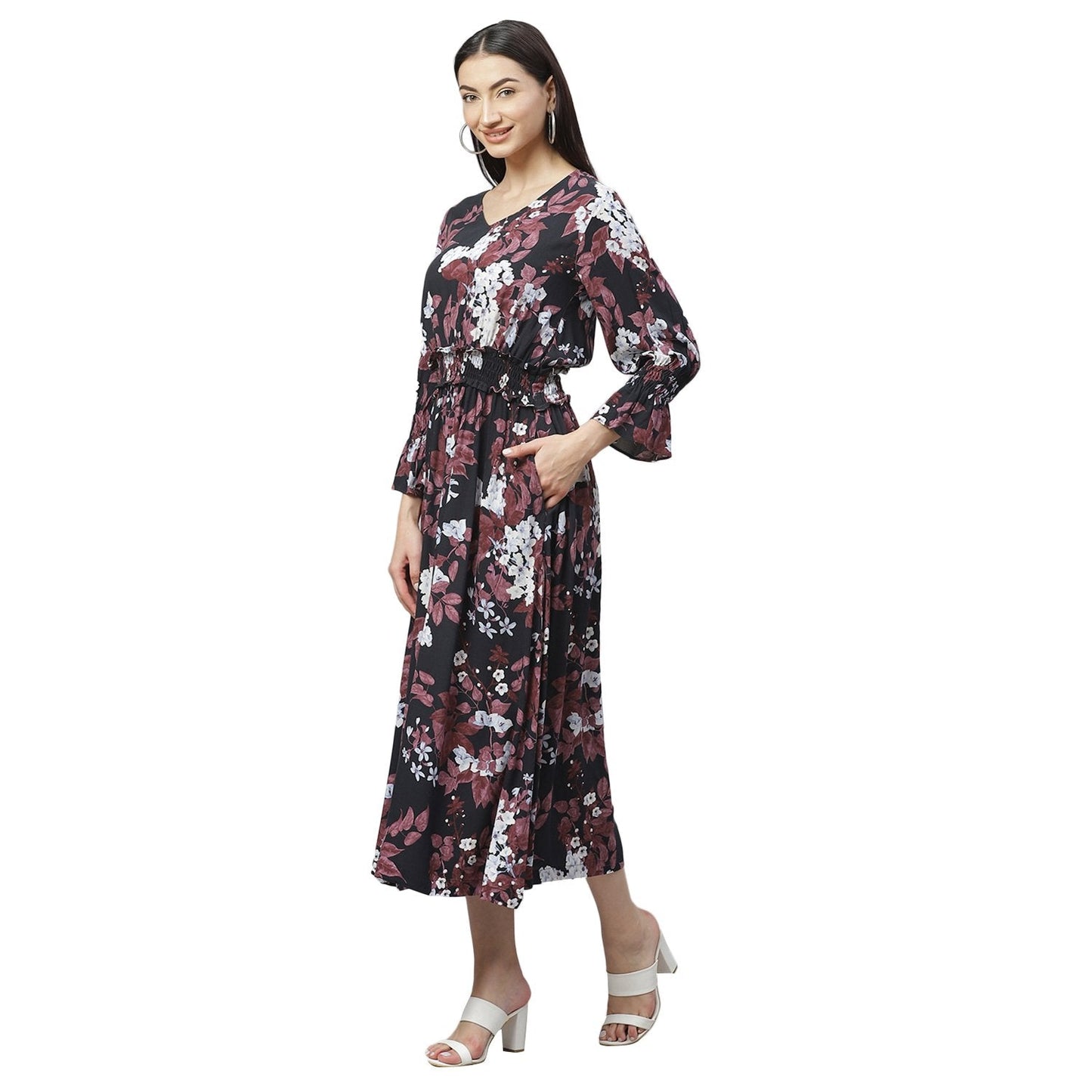 Women's Multicolor Rayon Printed 3/4 Sleeve V Neck Casual Dress